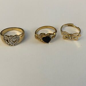 Gold Tone Fashion Ring Bundle Heart & Bow Rings Y2K Romantic Style Set of 3